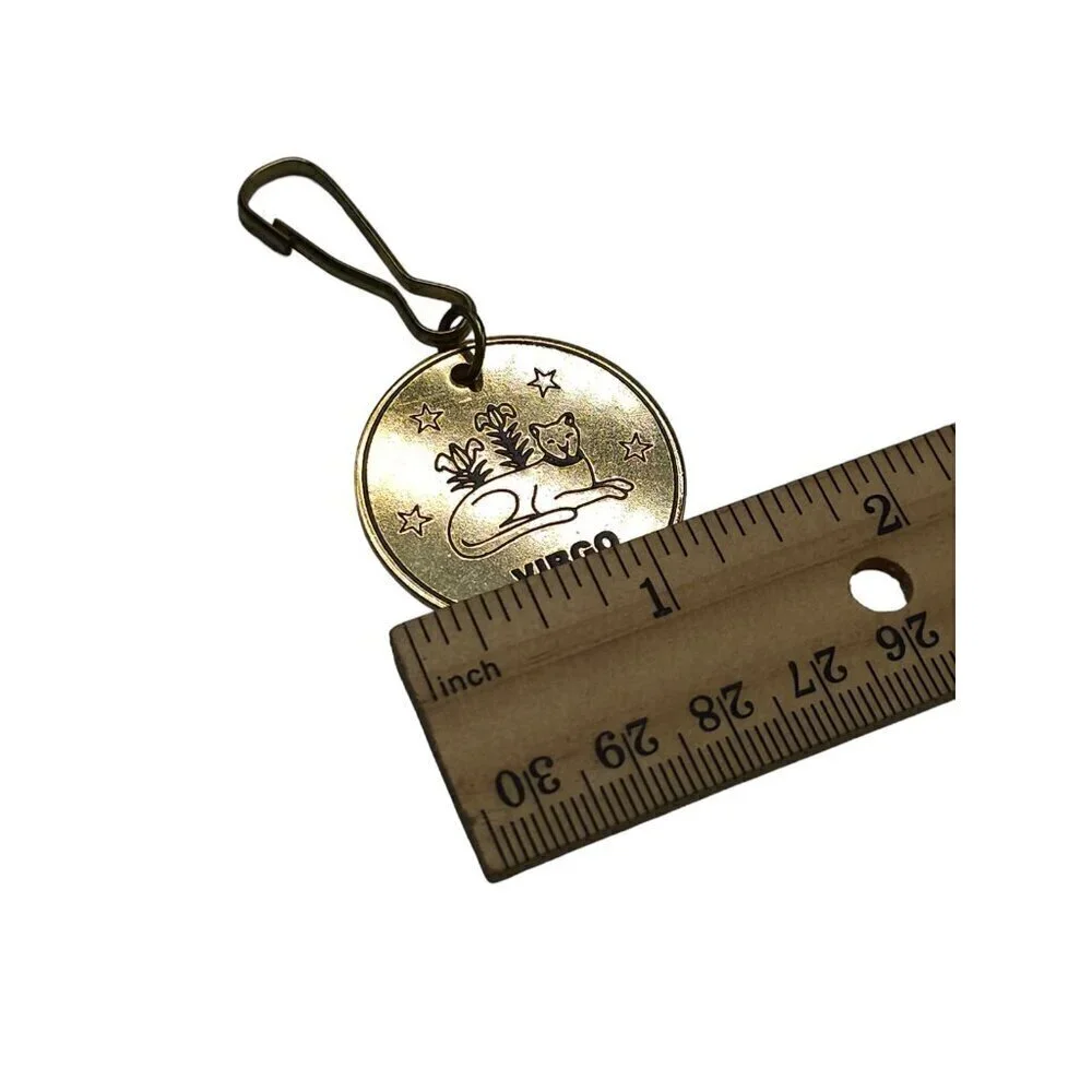 Virgo Engraved Sitting Leopard Stars Flowers Round Pendant Gold Tone Vintage